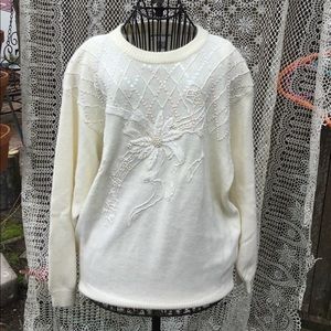Vintage sweater beaded sequin flowers alfred dunner cream retro 1980s